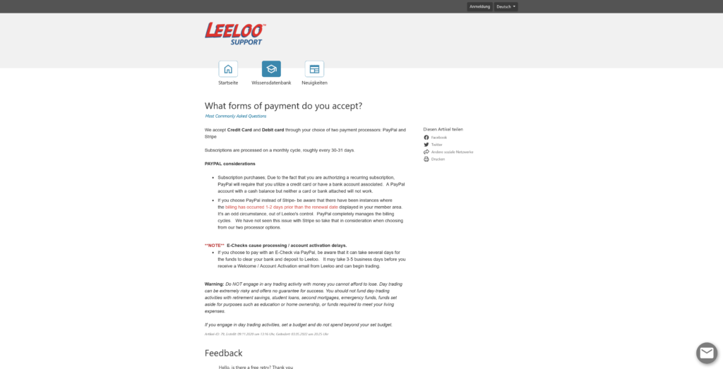 Metodo di Pagamento presso Leeloo Trading